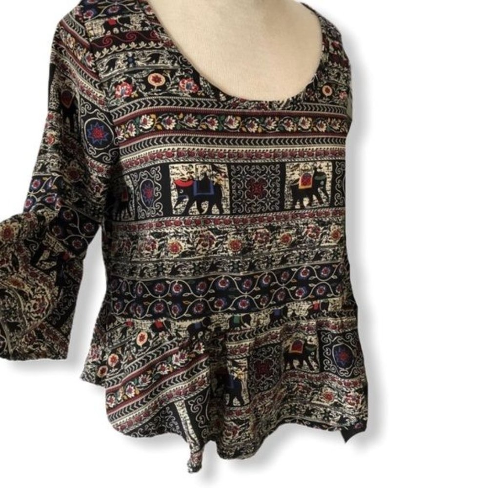 Peach Royal 3/4 Flare Sleeve Boho Elephant Print Crop Blouse Womens Size Small